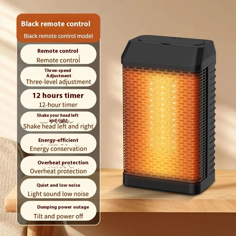 Black remote control desktop smart heater with oscillating head on a wooden desk.