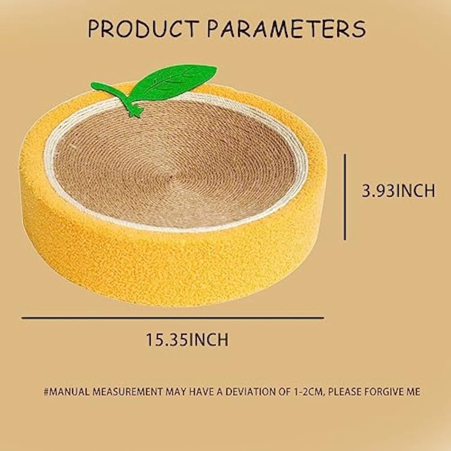 Yellow round sisal cat scratching board with a concave centre for use as a cat bed.