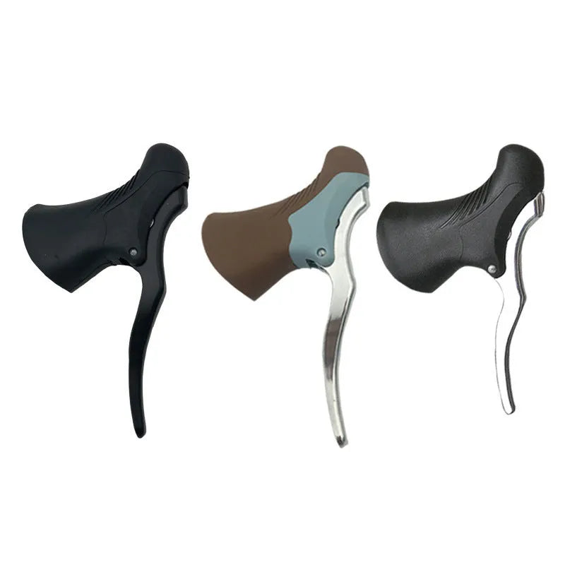 Pair of aluminium alloy road bicycle brake handles in black and black/silver finishes.