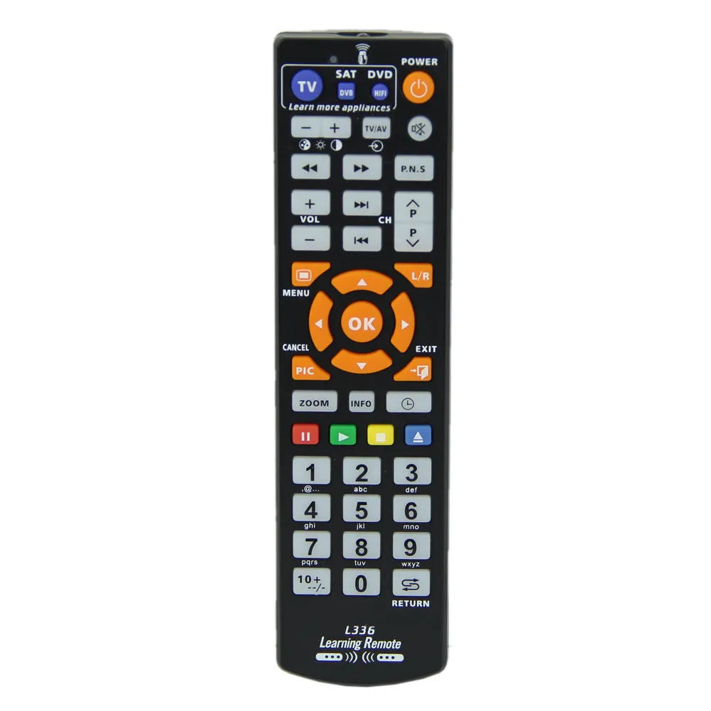 Black L336 learning remote control with full key layout for universal IR device operation