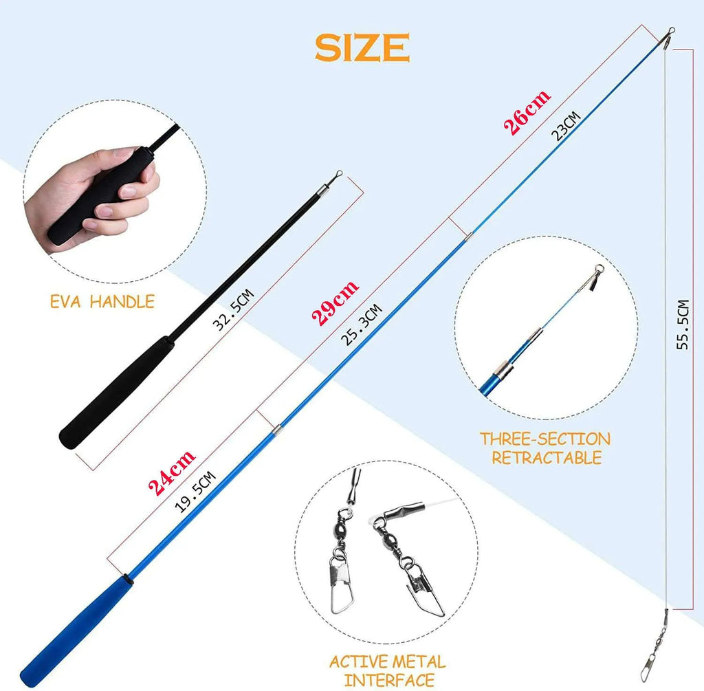 Cat toy fishing rod set with feather attachments and ten replacement heads