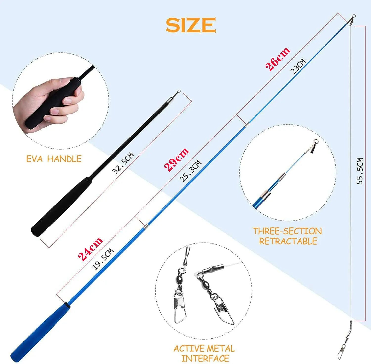 Cat toy fishing rod set with feather attachments and ten replacement heads