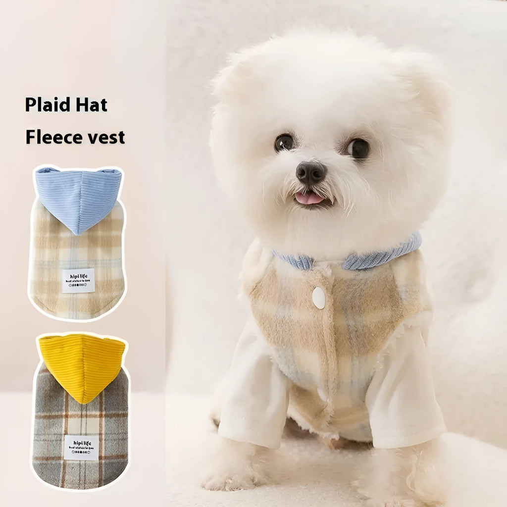 Blue corduroy dog hoodie with chessboard grid print and hood, sized for a medium dog.