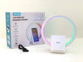 White smart Bluetooth speaker with wireless charging pad and ambient lighting measuring 225mm wide