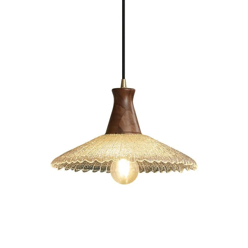 Retro wooden chandelier with brass finish and glass lampshade in three size options