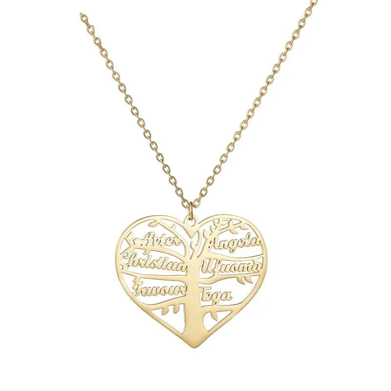 Personalised name necklace with hollow heart and tree pendant in silver, gold, or rose gold on a metal chain.