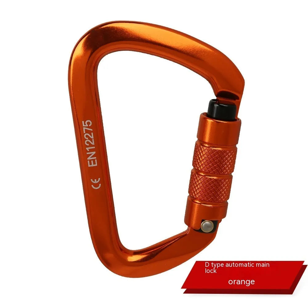 D-shaped climbing carabiner main lock shown in red, with choice of automatic or threaded gate closure.