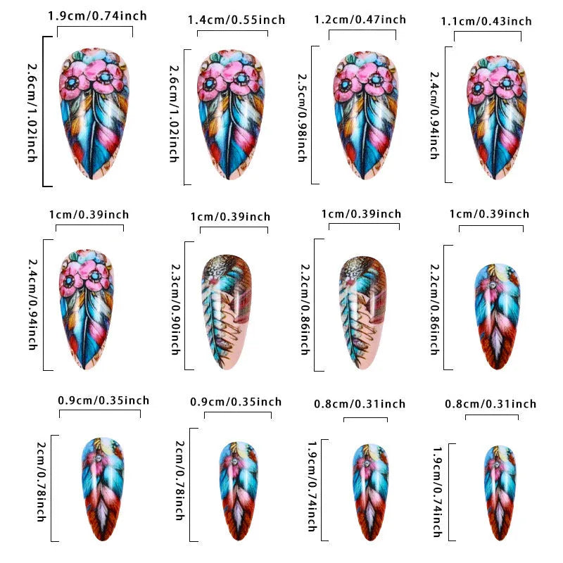 European and American retro colour feather nail armour kit with patterned designs and jelly glue burnishing sticks