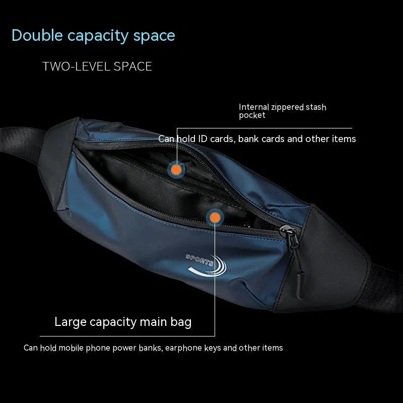 Men's blue waterproof waist bag with adjustable strap and front compartment for sports use