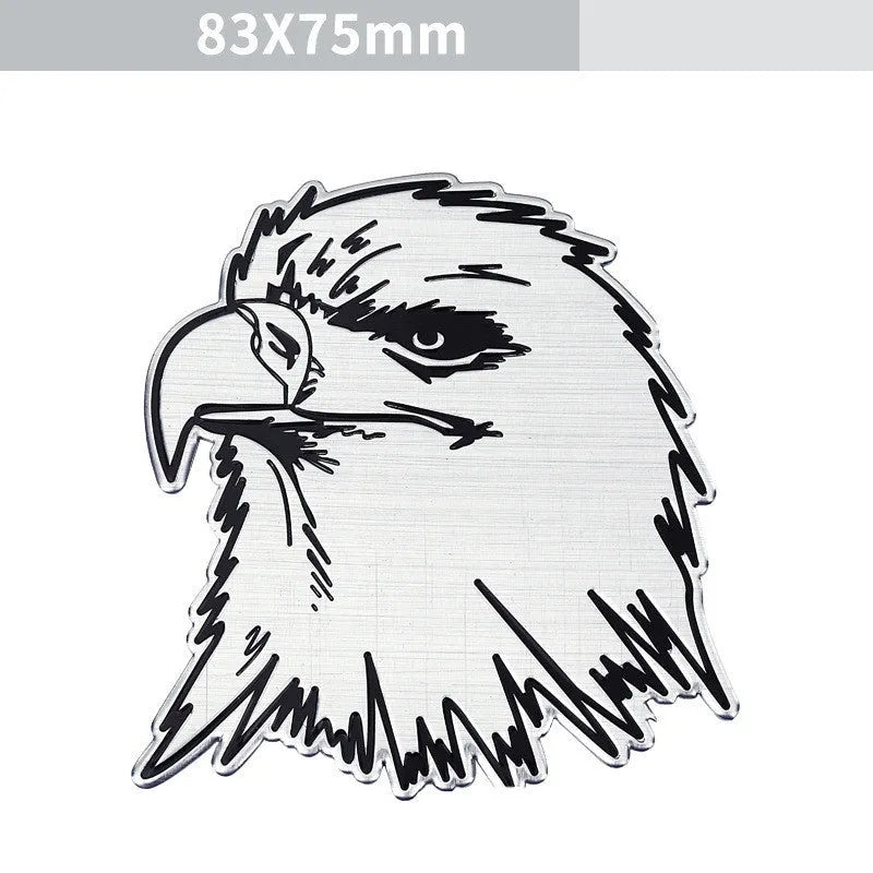 Aluminium metal car badge stickers featuring embossed lion, eagle, wolf head, and tiger designs.