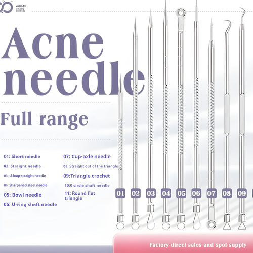 Set of four silver metal acne needles with pointed tips on a white background.