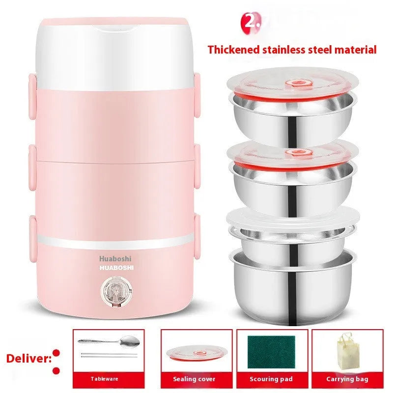 Portable plug-in insulated lunch box with stainless steel inner liner, double layer pink colour, and mains power cord