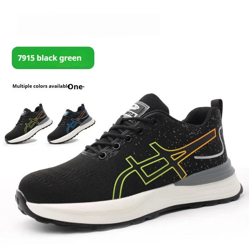 Black and blue safety protective shoes with breathable mesh upper and rubber tendon construction