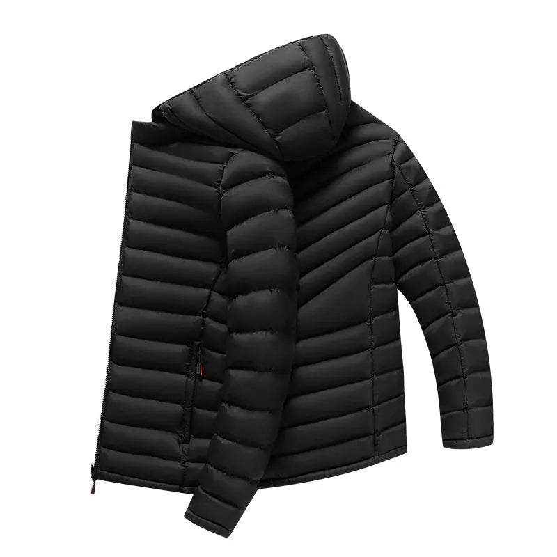 Men's lightweight down jacket with detachable hood in black, army green or blue colour