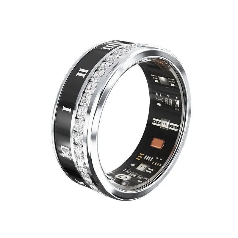 Silver and gold smart rings with diamond inlay displaying blood oxygen monitoring functions