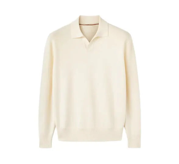 Pure wool polo sweater with lapel collar in loose fit, shown in milky white.