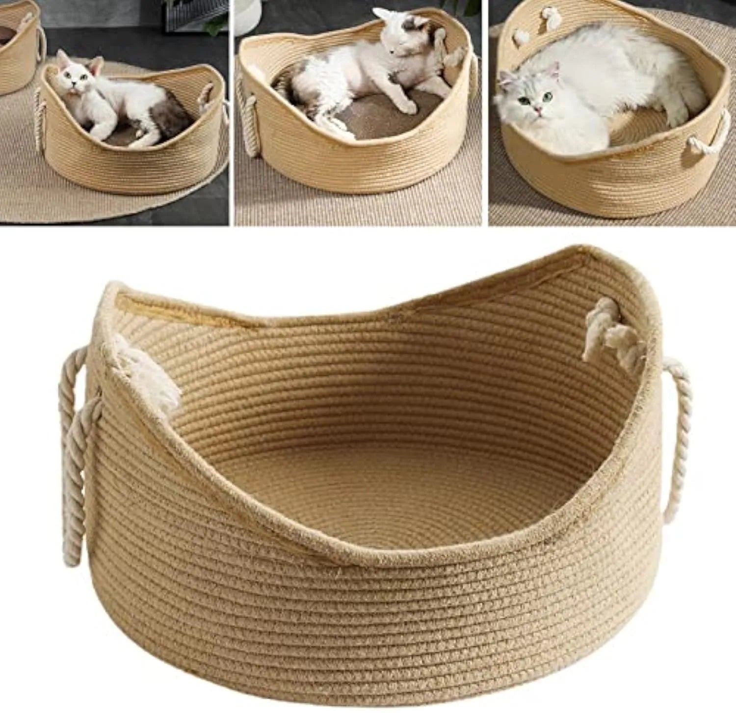 Wicker cat bed basket with corrugated scratching surface in two size options