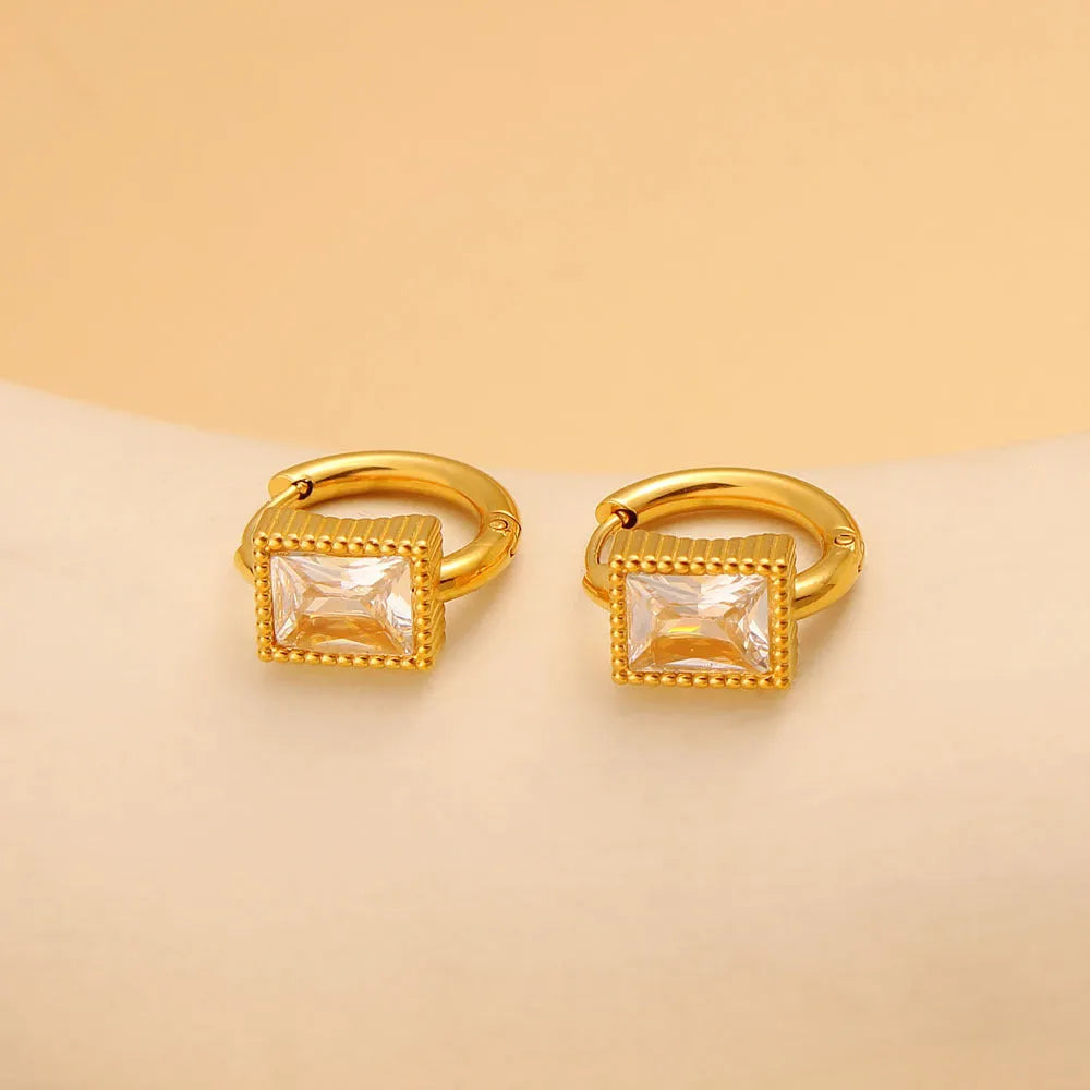 Square zircon stainless steel earrings in geometric design available in white, black, or green colours