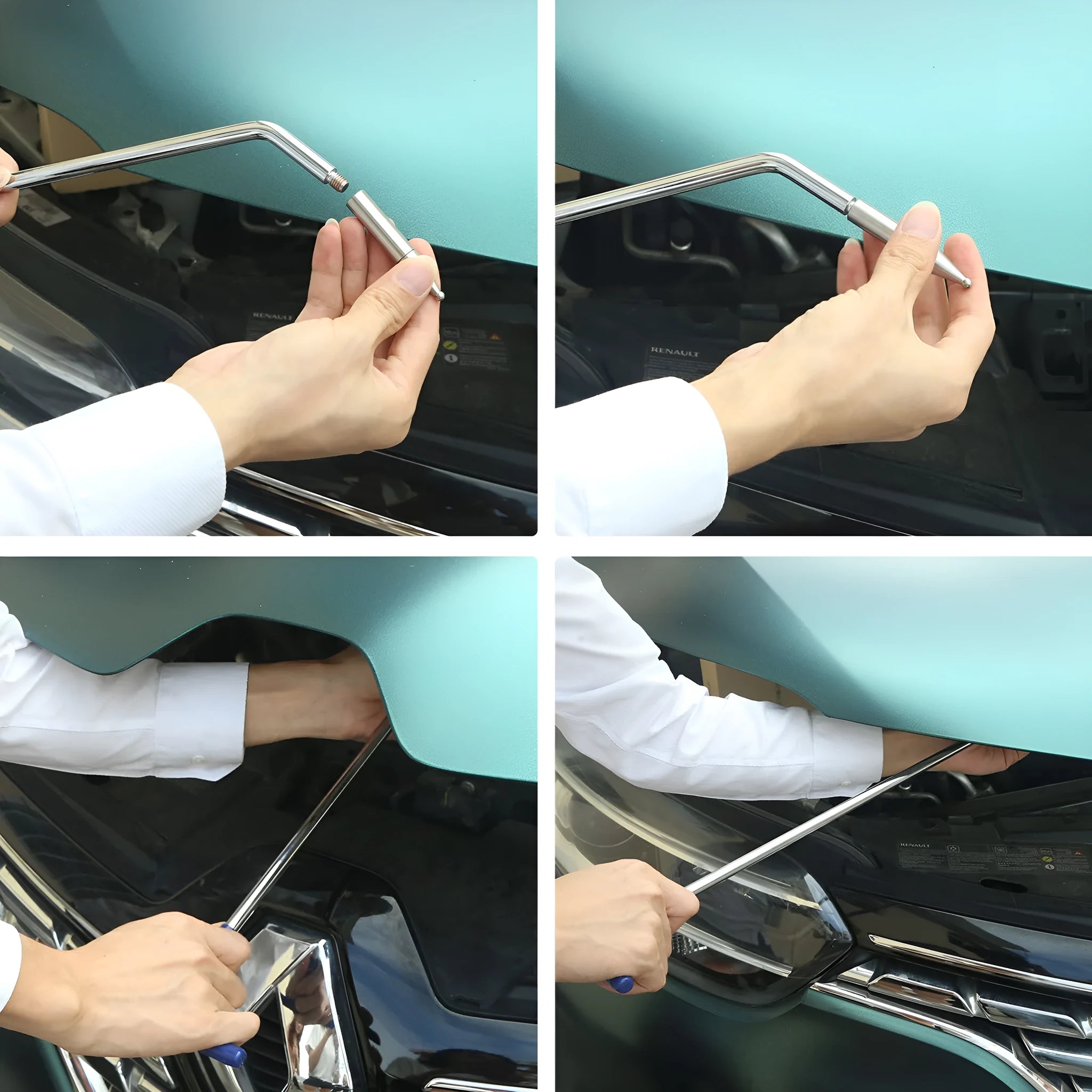 Three-piece alloy steel car dent repair tool set with hooks and crowbars for vehicle body panel maintenance