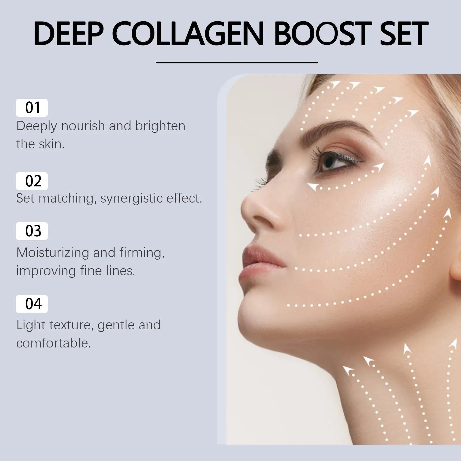 Collagen moisturising suit with facial mask and 30ml essence container for skin hydration