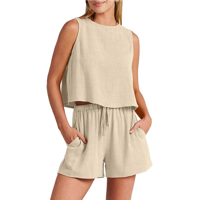 Women's apricot coloured sleeveless top and drawstring shorts summer 2-piece outfit set