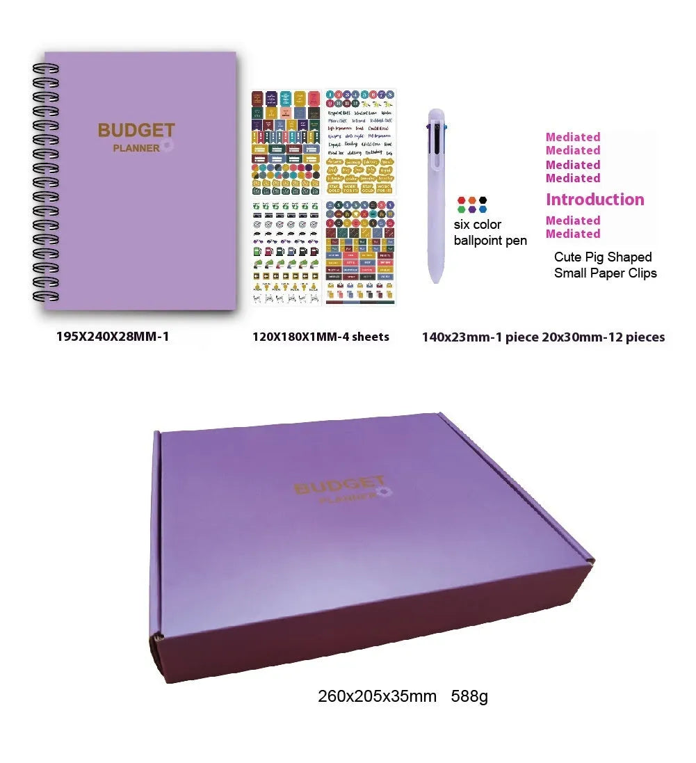 Purple coil-bound budget notebook with daolin paper pages, pen, stickers, and paper clips for financial planning