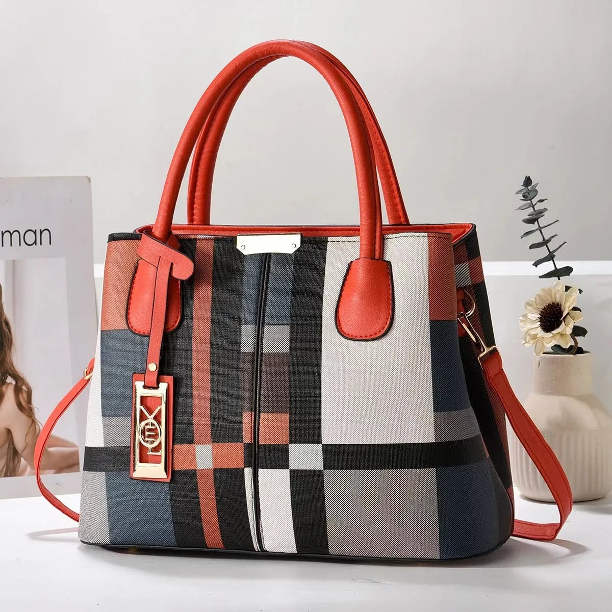 Women's large capacity square shoulder bag in soft PU leather with leather strap