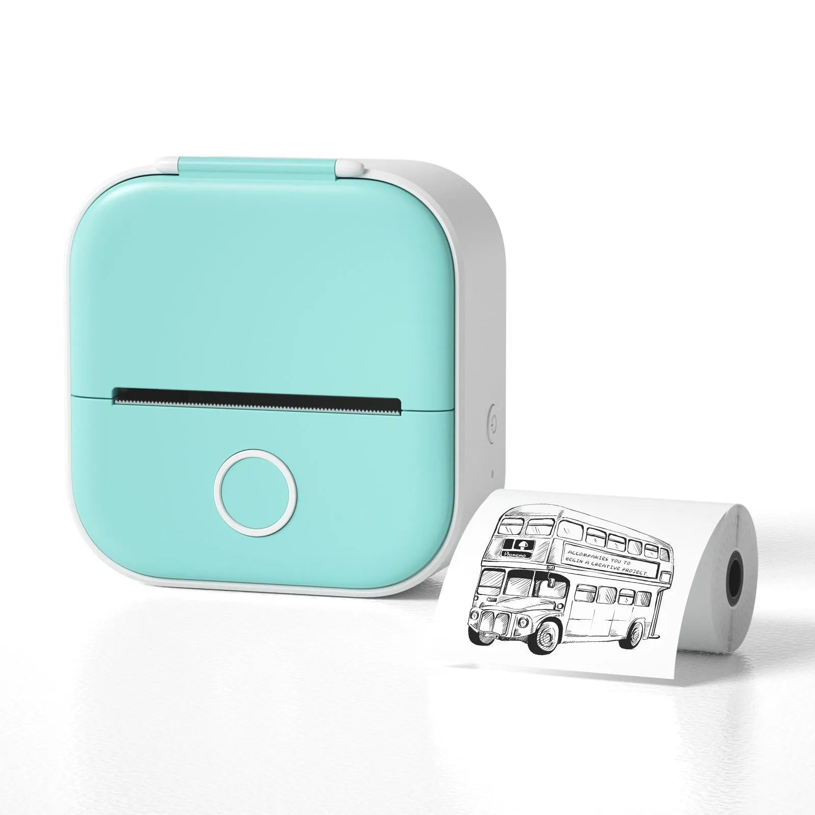 Phomemo T02 mini thermal label printer in white, showing front view with roll of sticky paper