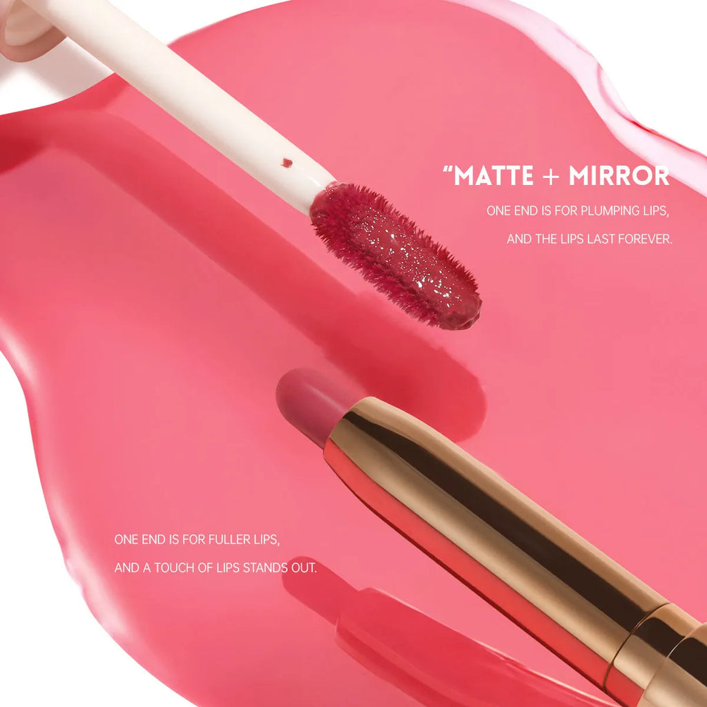 Double-headed lipstick showing matte bullet on one end and gloss applicator on the other in one of 10 available colours