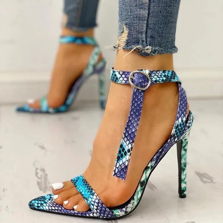Blue women's high heels with hollow out design and buckle fastening, synthetic PU upper