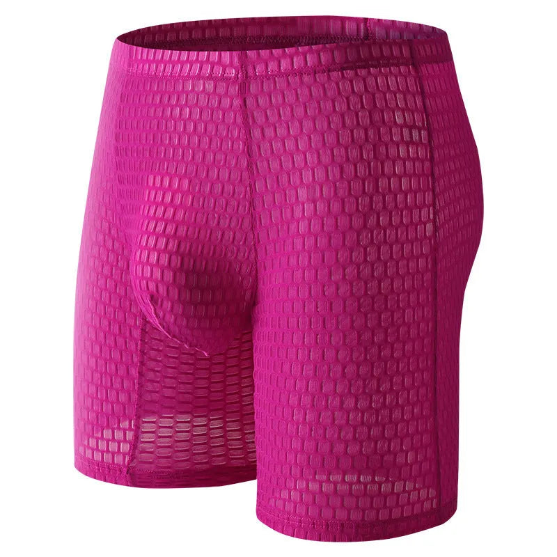 Men's solid colour lace boxer briefs for hip lifting and shaping, shown in light purple.