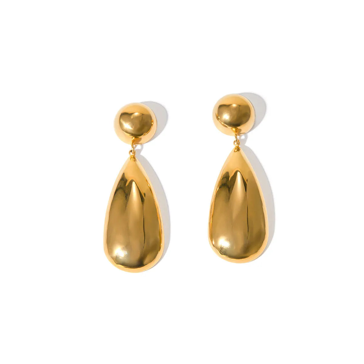 Gold stainless steel water drop earrings with geometric hemisphere pendants for women