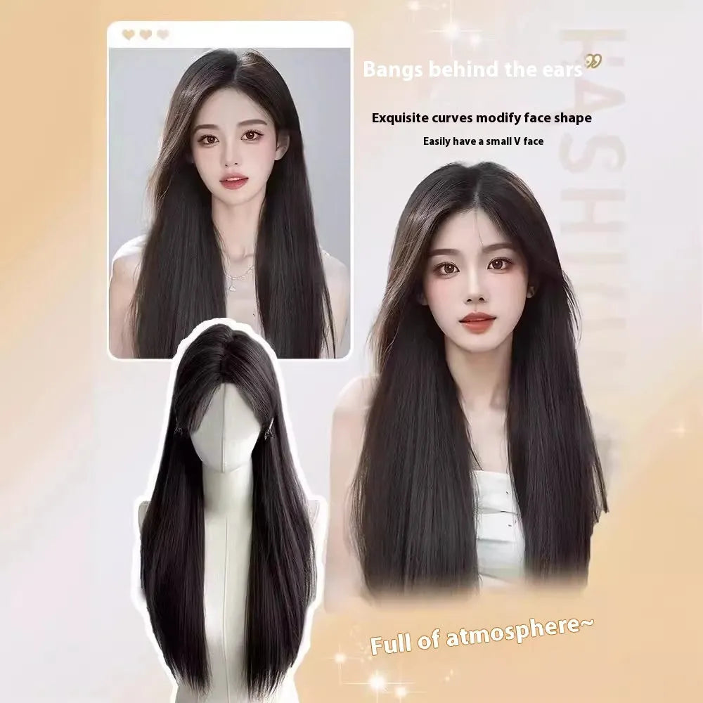 Long straight black wig with forehead lace and side bangs made from high temperature fibre.
