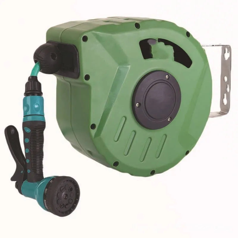 Automatic retractable hose reel with drum collector for 10 metre PVC water pipe.