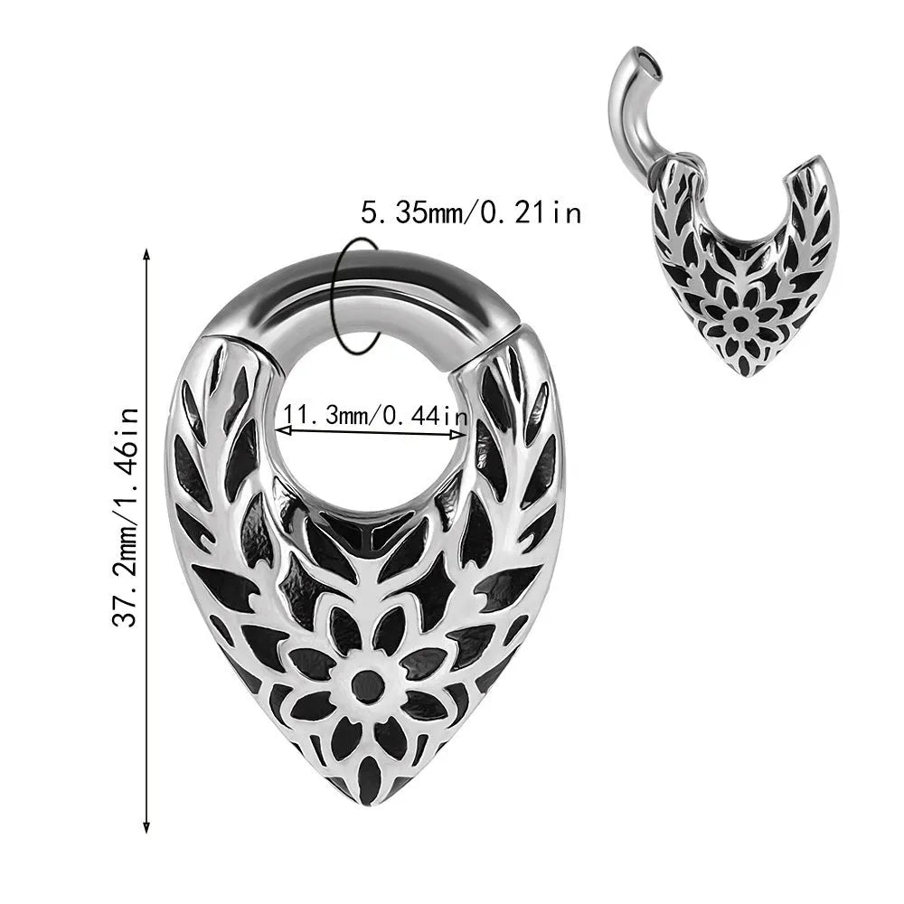 Stainless steel drop-shaped ear extender with totem design for stretched earlobes in style variations