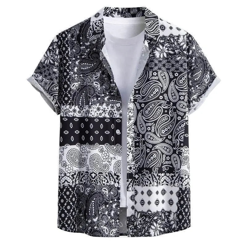 Men's slim fit Hawaiian short sleeve shirt in a cardigan style with digital print pattern.