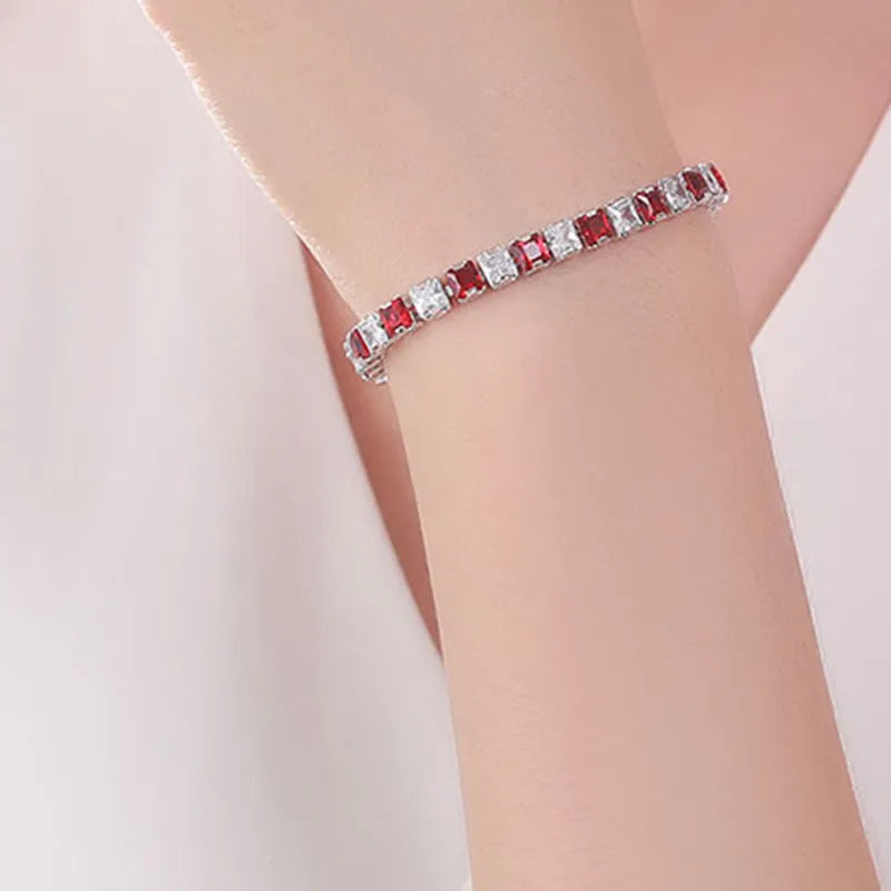 Electroplated real platinum women's square zircon bracelet with gang drill details in assorted colours.