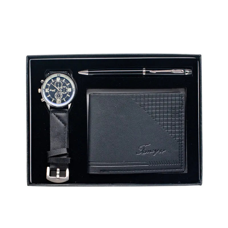 Creative holiday gift set showing wallet, pen and watch in modern simple gift box