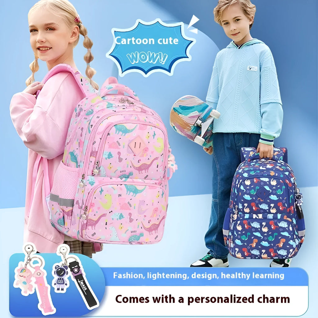 Blue dinosaur print waterproof Oxford cloth children's school backpack with curved shoulder straps.