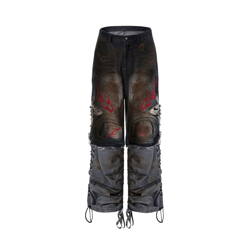Men's retro denim jeans with detachable trouser legs showing wide-leg cut and mid-high waist
