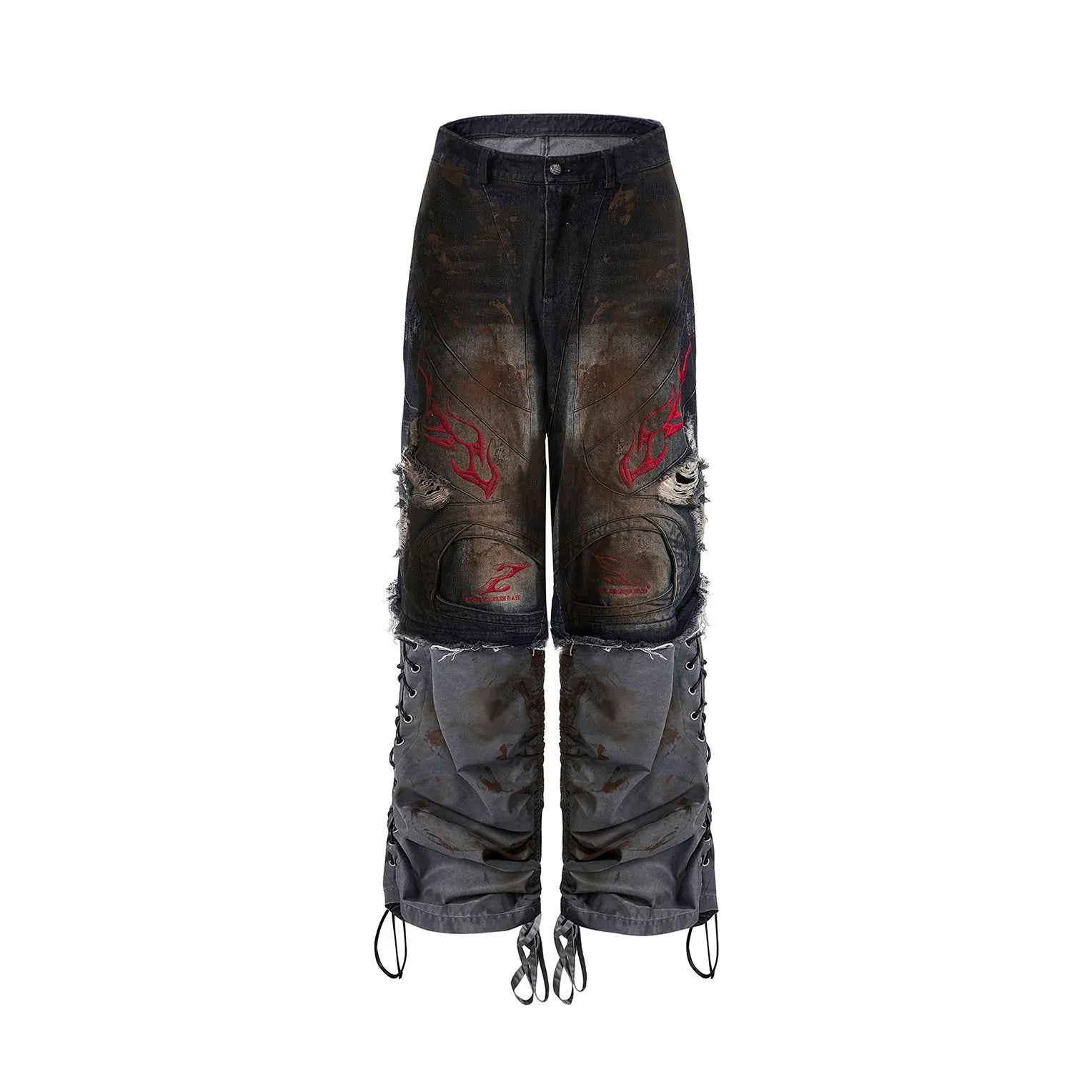 Men's retro denim jeans with detachable trouser legs showing wide-leg cut and mid-high waist