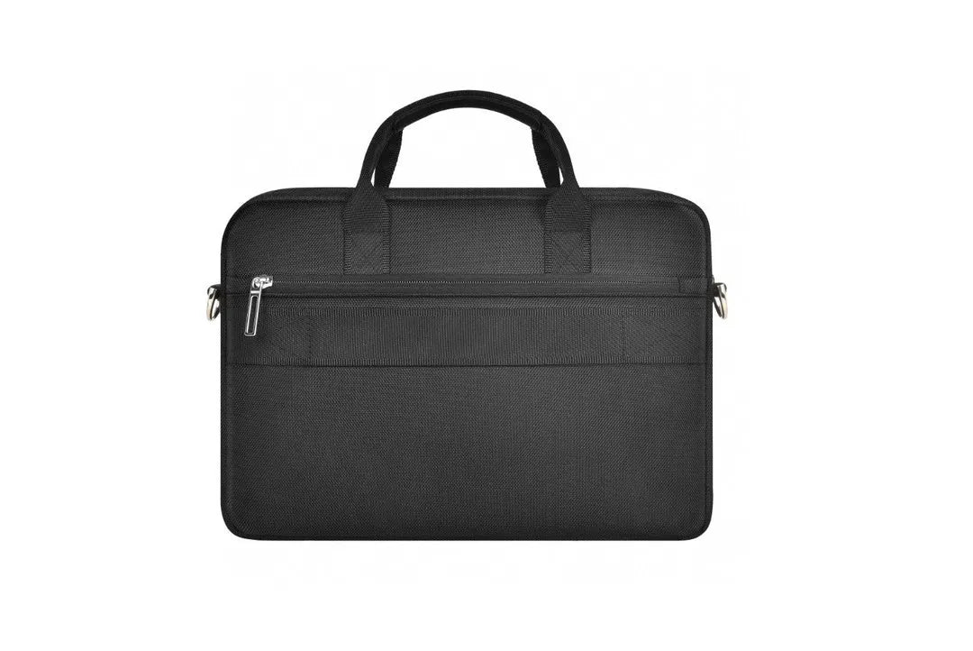 Black Oxford cloth laptop handbag with multiple internal pockets and a separate padded compartment for a 14 or 15.6 inch device.