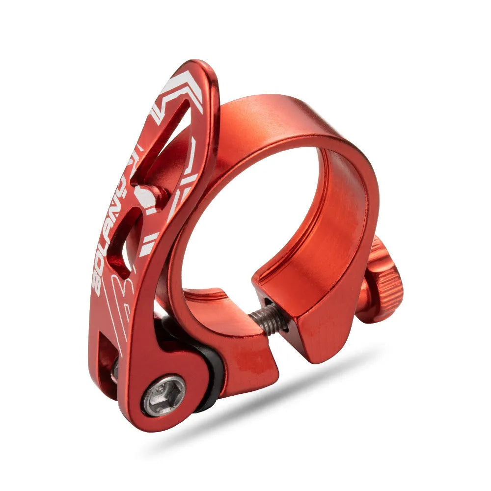 Aluminium mountain bike seat post clamp in black, red, gold, or blue for 31.8mm or 34.9mm seat tubes.