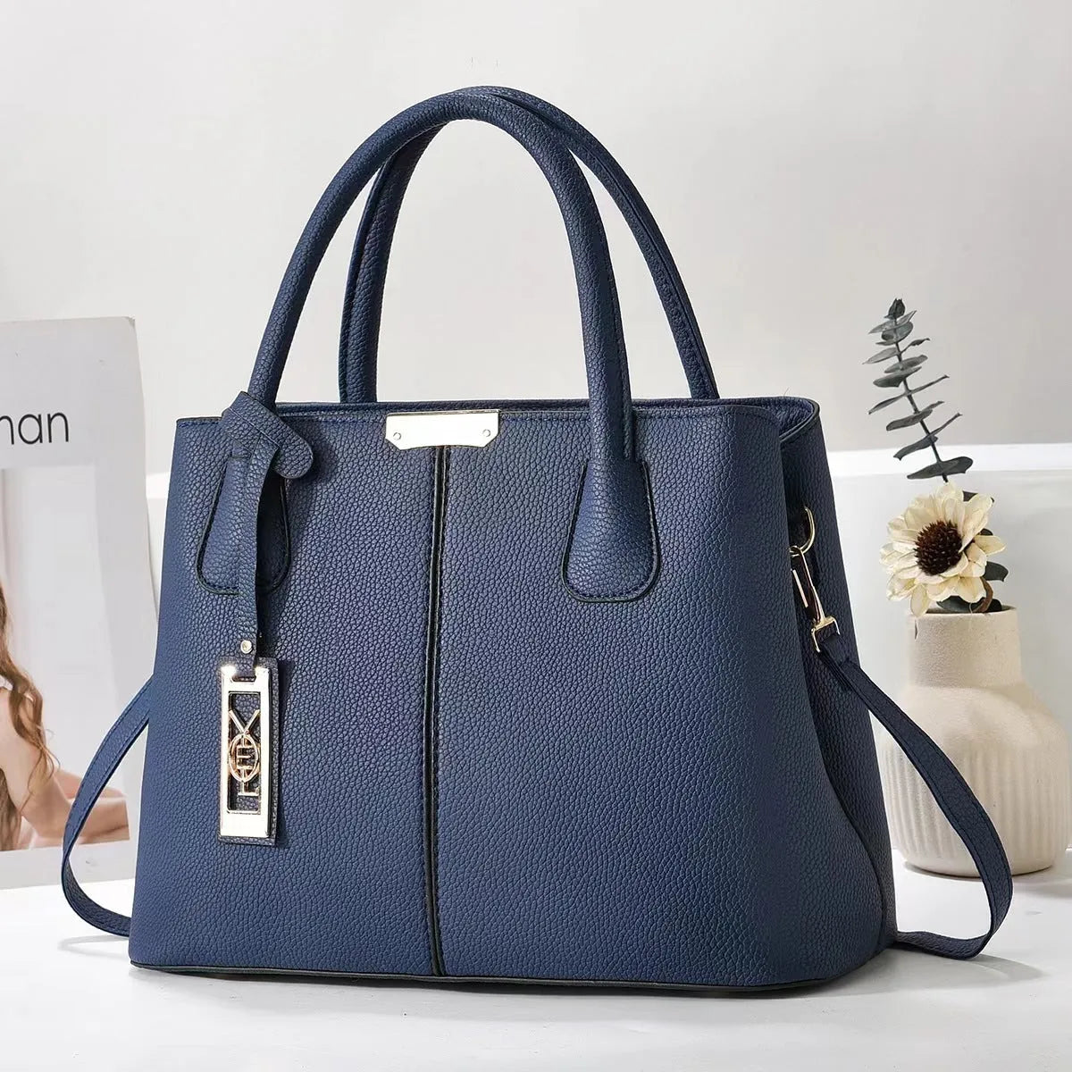 Women's large capacity square shoulder bag in soft PU leather with leather strap