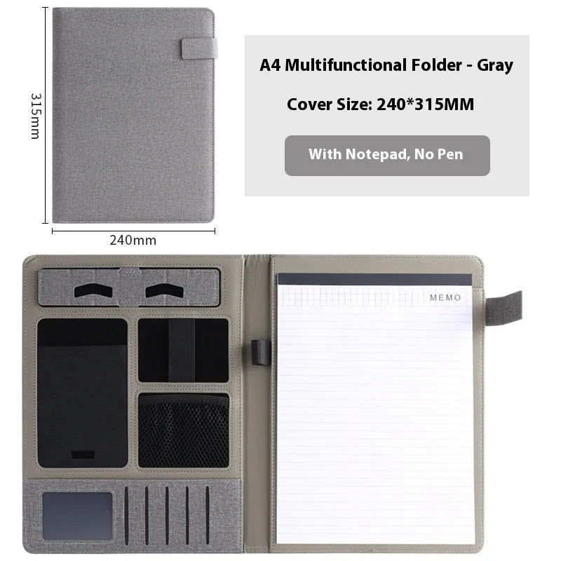 Leather A4 business folder in black colour showing pen holder and notepad configuration