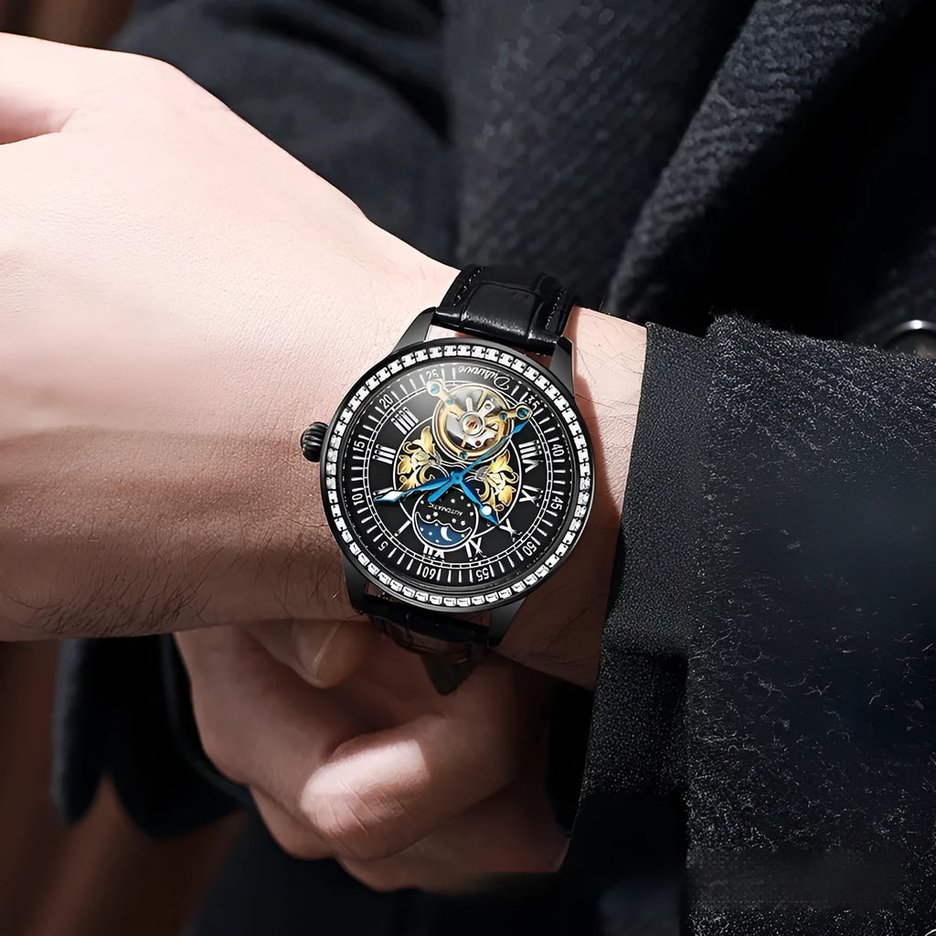 Men's stainless steel waterproof mechanical watch with round dial and butterfly clasp on wrist
