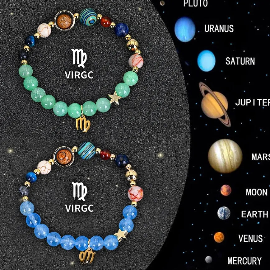 Natural stone beaded zodiac bracelets on elastic cord showing astrological symbols for twelve star signs