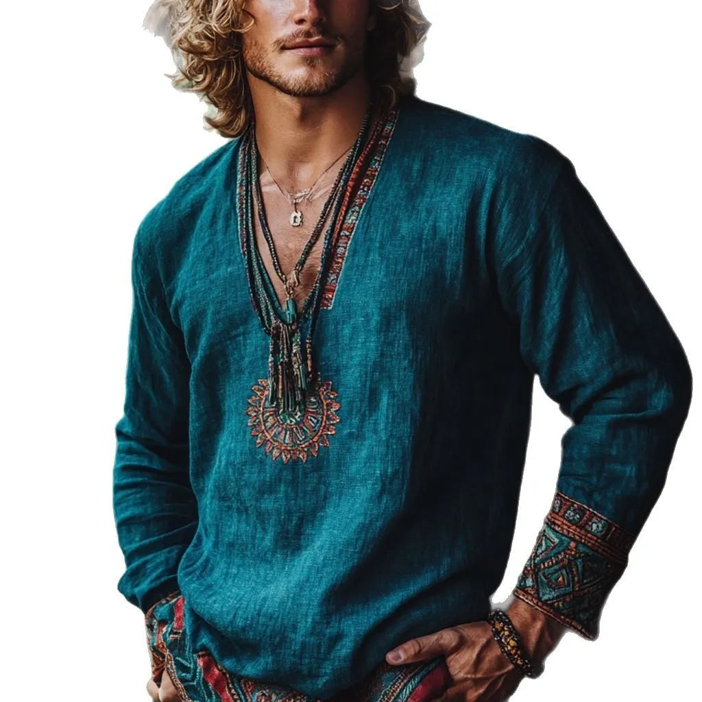 Women's vintage boho print long sleeve pullover top in European retro style