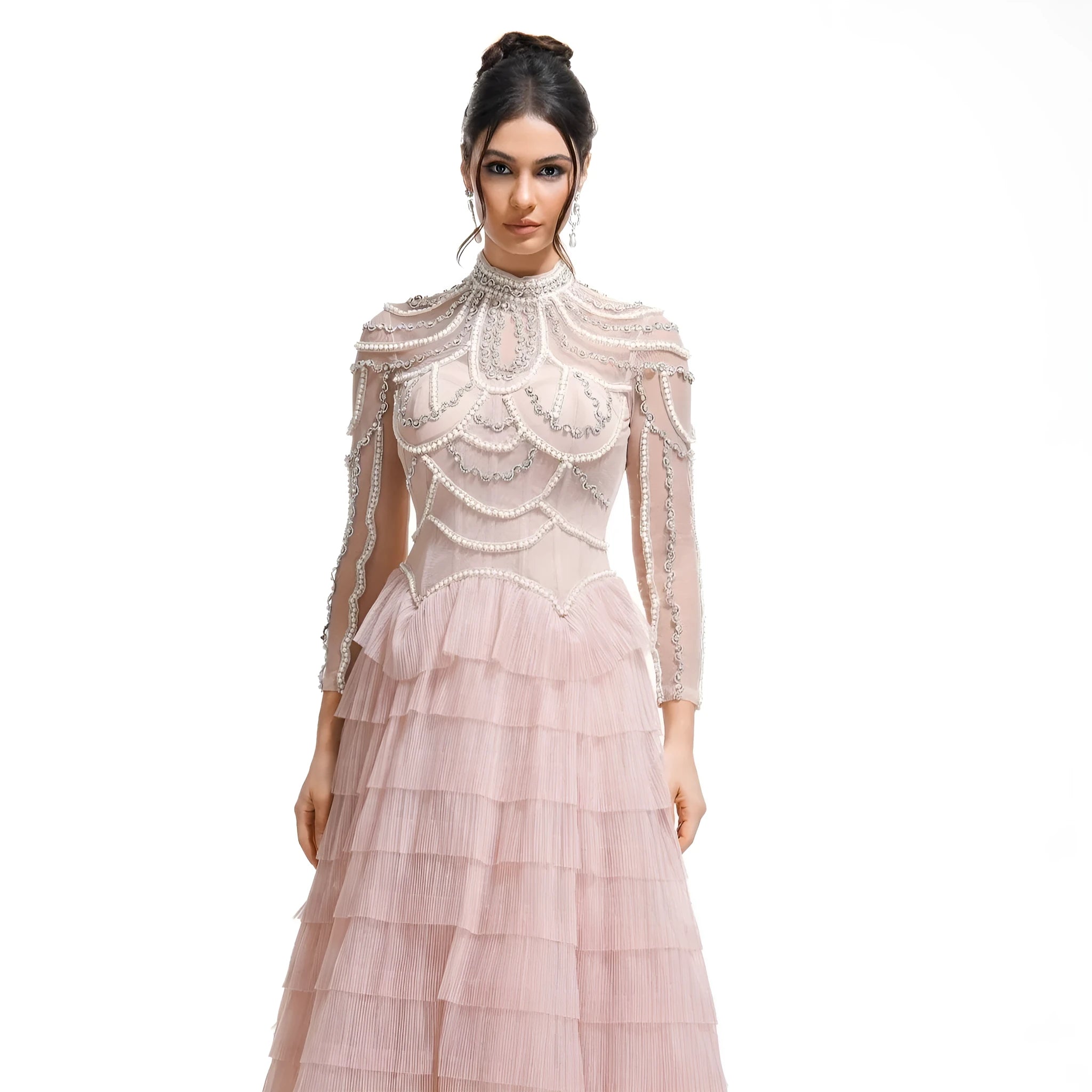 Women's black polyester beaded dress with three-dimensional decoration and long sleeves