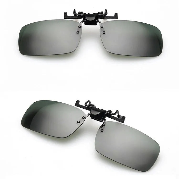 Clip-on sunglasses for prescription glasses in large and small PC frame sizes with grey, green, and night vision lenses